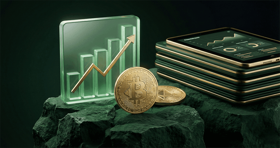 3D rendering of Bitcoin + ascending chart